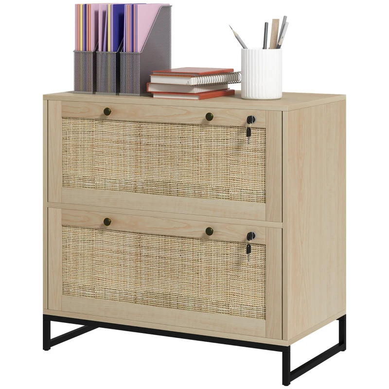 Vinsetto Armário de Arquivo Boho de 2 Gavetas em Rotim com Fechaduras e Barras para Pastas A4, Carta e Ofício 75x40x71,5 cm Carvalho