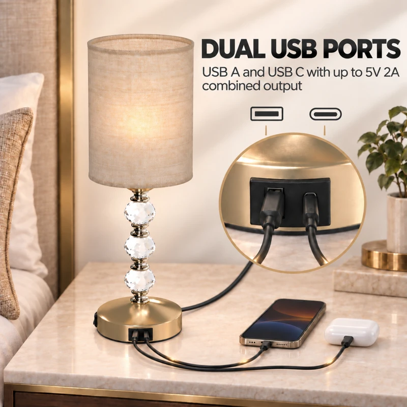 HOMCOM Bedside Lamp, Modern Crystal Decoration Table Lamp with PVC shade, USB A+C Charging Ports, Bulb Not Included, Gold Tone