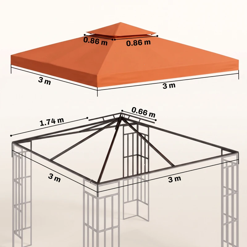 Outsunny Copertura per Gazebo 3x3 m a 2 Livelli in Poliestere Resistente con 8 Fori di Drenaggio, Rosso Ruggine