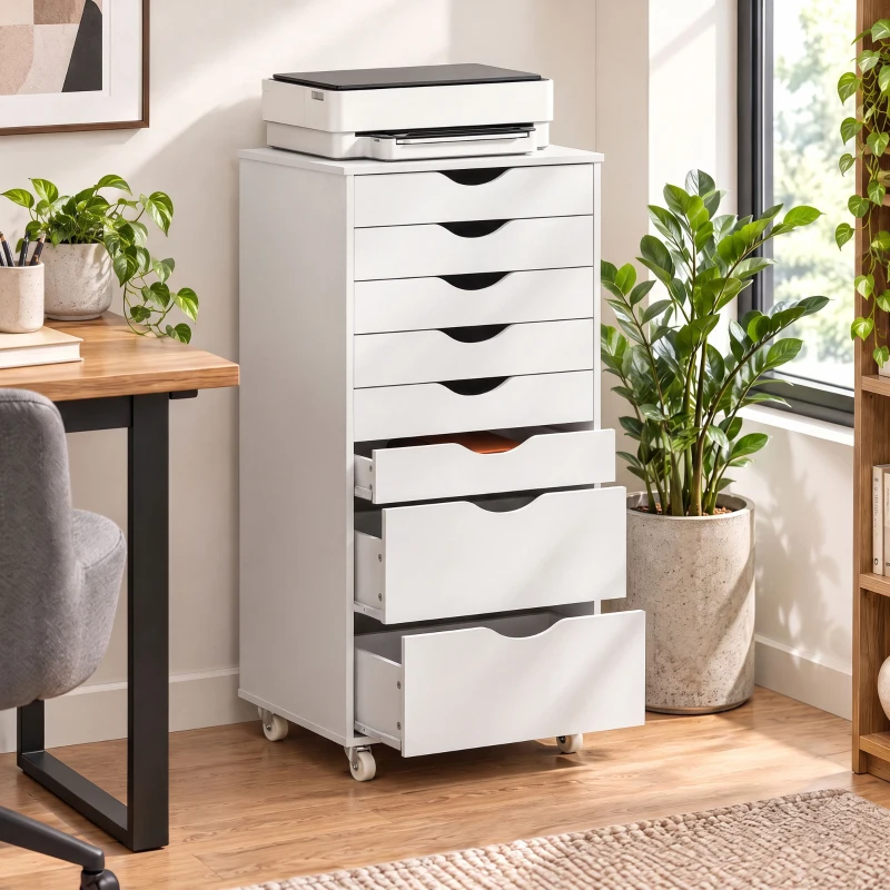 HOMCOM Bloco de Gavetas com 8 Gavetas e Rodas, Gaveteiro de Escritório, Suporte para Impressora, Branco