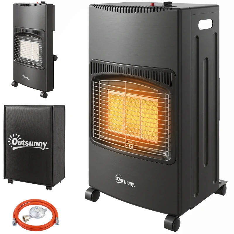 Outsunny Gas terrasverwarmer 1,5-4,2 kW inklapbaar met wielen, hoes, 3 warmtestanden en slang