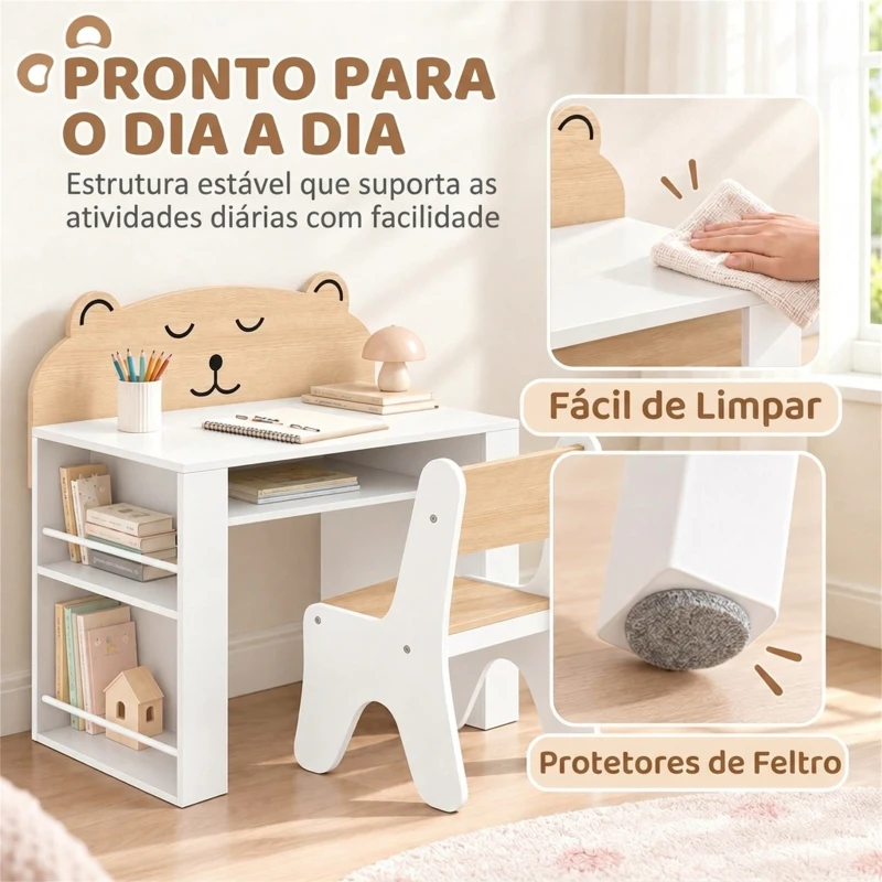 AIYAPLAY Mesa e Cadeira Infantil para Ler e Desenhar, com Estante e Gaveta, Branco e Madeira