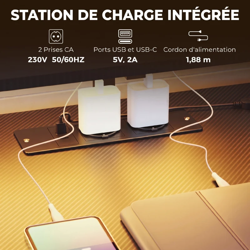 HOMCOM Bureau Gaming 147 x 47 cm, Éclairage RGB, Prises et Ports USB, Support pour Unité Centrale Réglable et Réversible, Noir