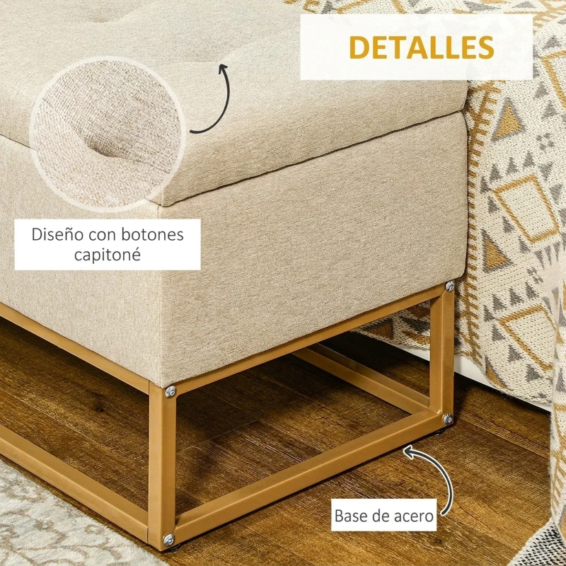 HOMCOM Banqueta con Almacenamiento Banco Rectangular Tapizado en Lino con Tapa Abatible y Patas de Acero 110x44x48 cm Beige