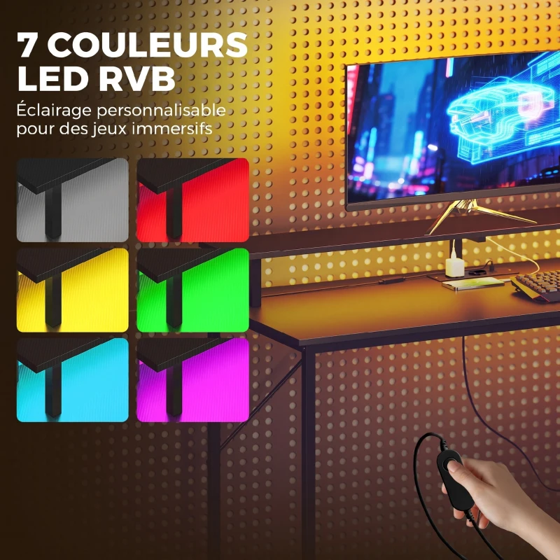 HOMCOM Bureau Gaming 147 x 47 cm, Éclairage RGB, Prises et Ports USB, Support pour Unité Centrale Réglable et Réversible, Noir