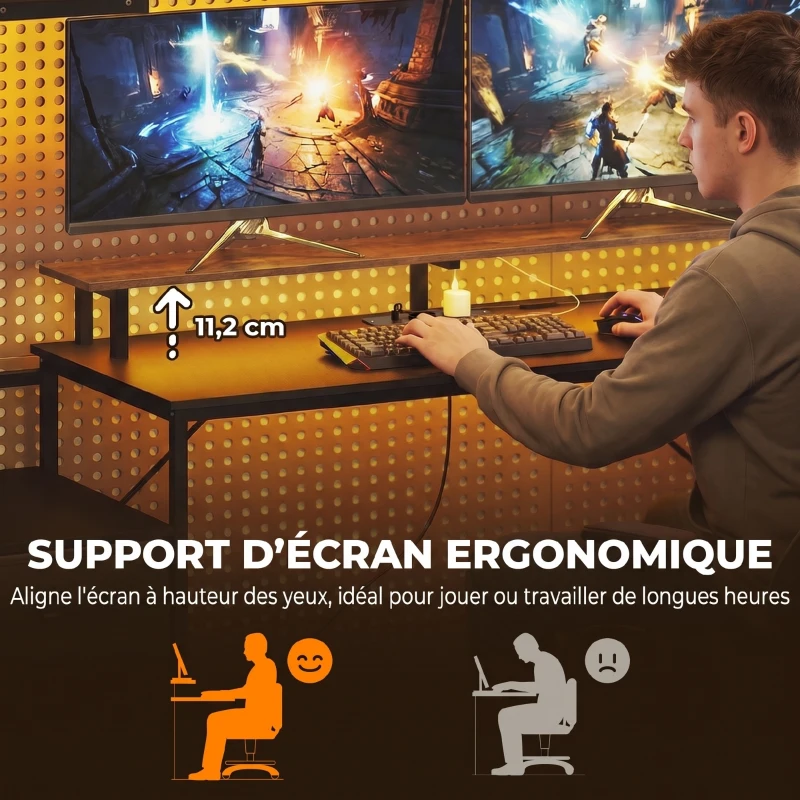 HOMCOM Bureau Gaming 147 x 47 cm, Éclairage RGB, Prises et Ports USB, Support pour Unité Centrale Réglable et Réversible, Noir
