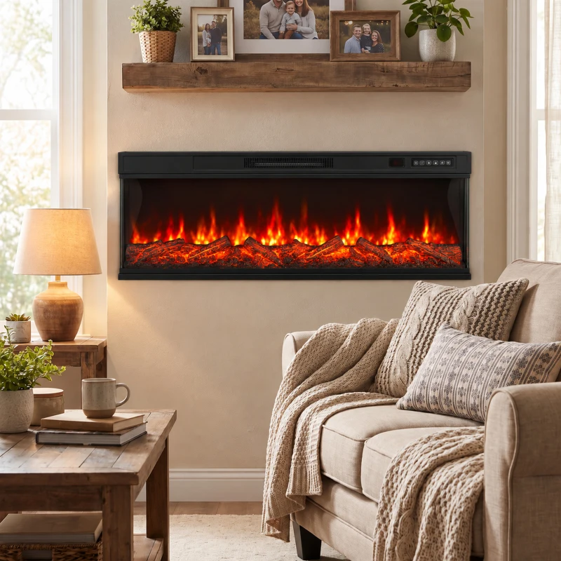 HOMCOM 50" Electric Fireplace Insert, 3-Sided Freestanding/Wall Recessed Electric Fire Heater with Adjustable Flame, 1800W