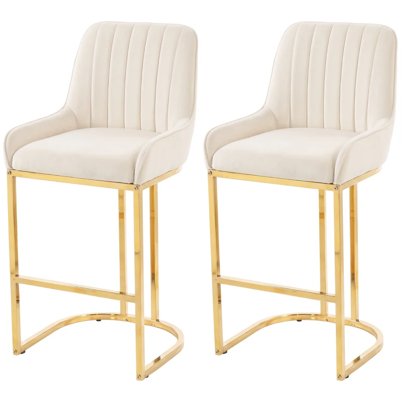 HOMCOM Bar Stools Set of 2 with Backrest, Footrest, Gold Electroplated Legs for Kitchen Island, Dining Room, Cream White