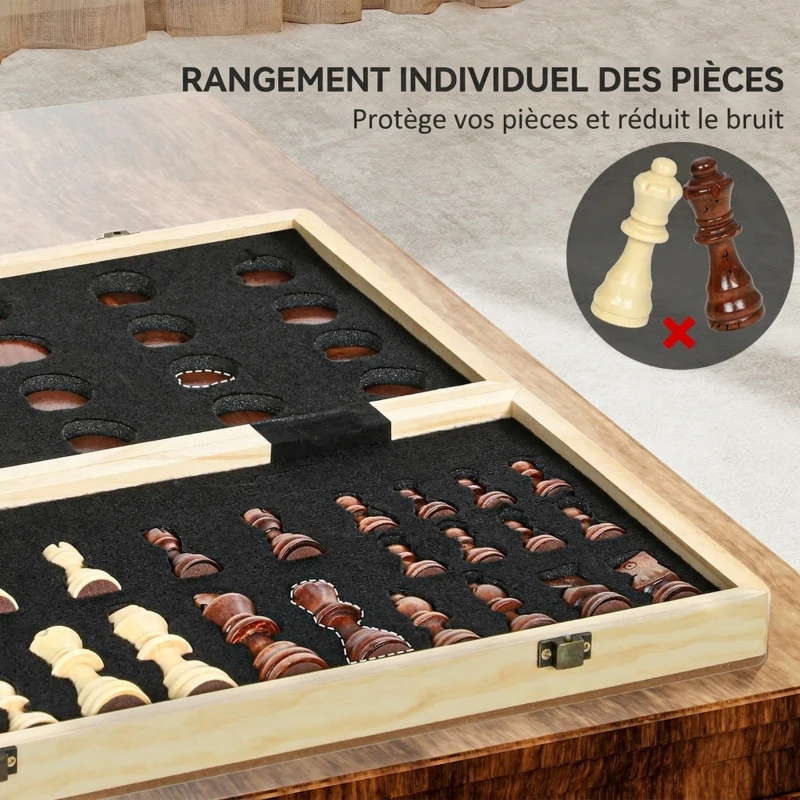 SPORTNOW Jeu d'Échecs 2 en 1 Échecs Dames, Pliable et Portable, Pièces en Bois de Pin, Rangement Intégré, 38,5x38,5x2,8cm, Marron
