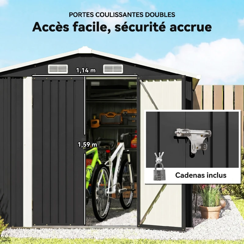 Outsunny Abri de Jardin en Métal 8,1m² Toit Pointu, Portes Verrouillables, 4 Aérations, 364x238x194cm, Gris Foncé