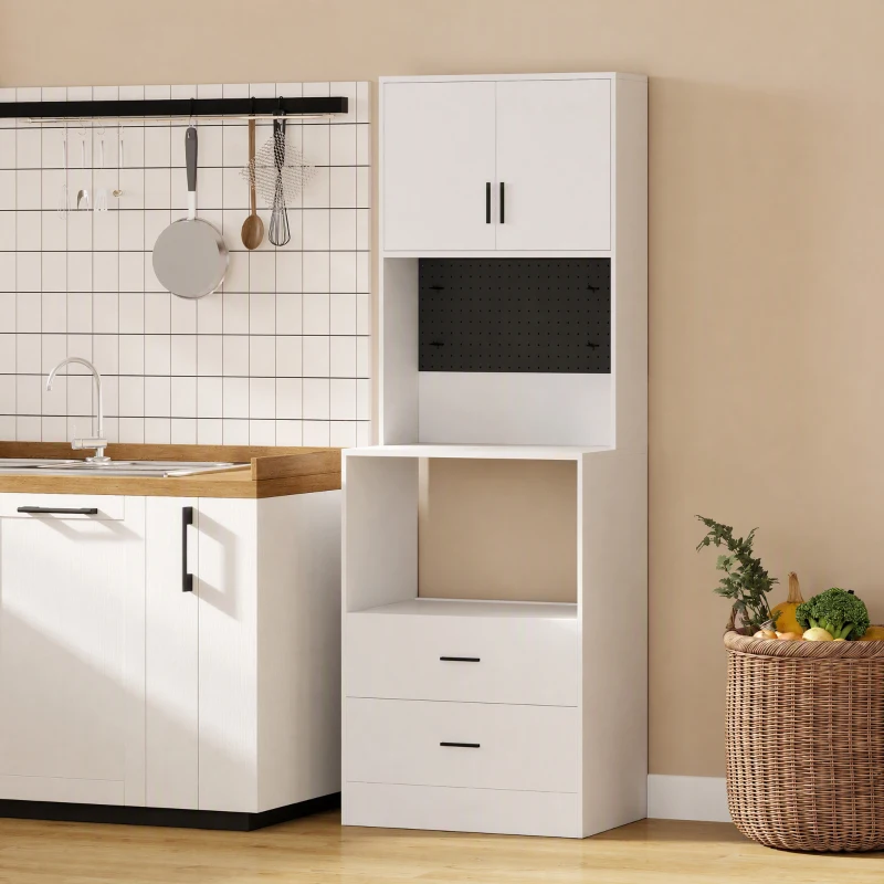 HOMCOM Meuble micro-ondes, buffet, 2 tiroirs, 2 portes, plan de travail, étagère réglable, panneau perforé, 4 crochets, blanc