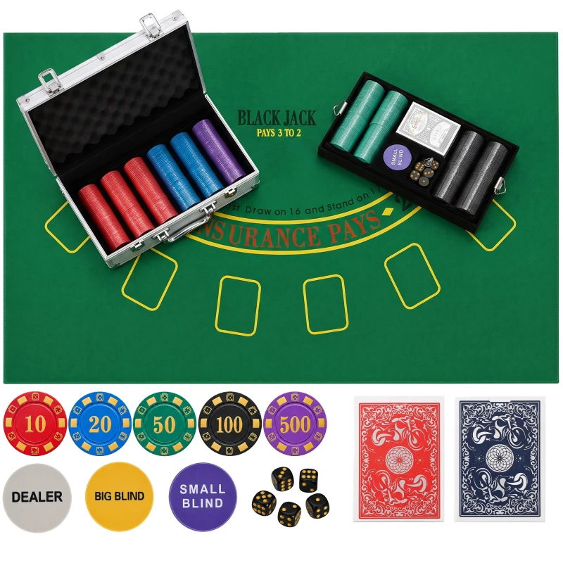 SPORTNOW Mallette de Poker 500 Jetons 5 Valeurs, 2 Jeux de Cartes, Tapis de Jeu, Bouton Dealer, Blind, Alu, 31x17x11,5cm, Argenté