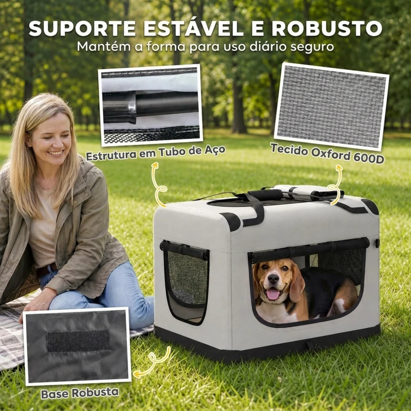 PawHut Transportadora Dobrável para Cães e Gatos 70x52x50 cm com Correia para Carro, Almofada Lavável, Taça Dobrável e 2 Bolsos, Cinzento-Claro