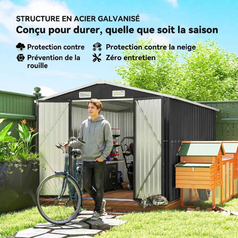 Outsunny Abri de Jardin en Métal 8,1m² Toit Pointu, Portes Verrouillables, 4 Aérations, 364x238x194cm, Gris Foncé