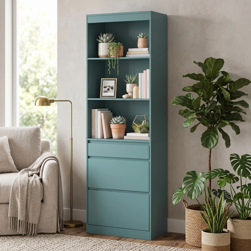 HOMCOM Bookcase with Drawers Adjustable Shelves Book Shelf for Study Living Room Light Green