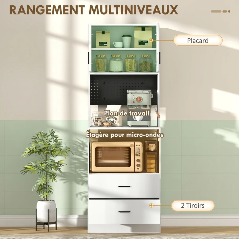 HOMCOM Meuble micro-ondes, buffet, 2 tiroirs, 2 portes, plan de travail, étagère réglable, panneau perforé, 4 crochets, blanc
