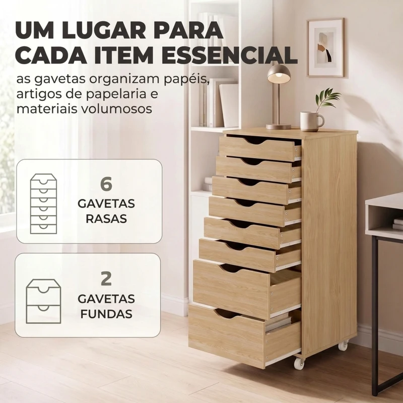 HOMCOM Gaveteiro de Secretária com 8 Gavetas e Rodas Gaveteiro de Escritório Suporte para Impressora Carvalho