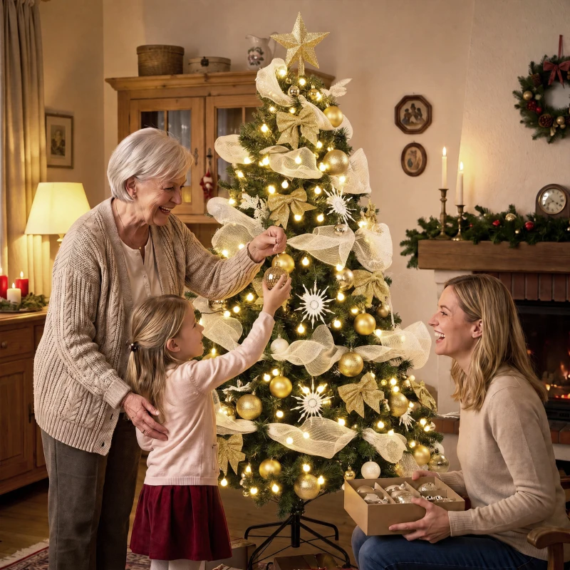 HOMCOM Albero di Natale 180cm con 200 Luci LED Bianco Caldo, 8 Modalità, 800 Rami Ignifughi, Palline, Nastri, Fiocchi