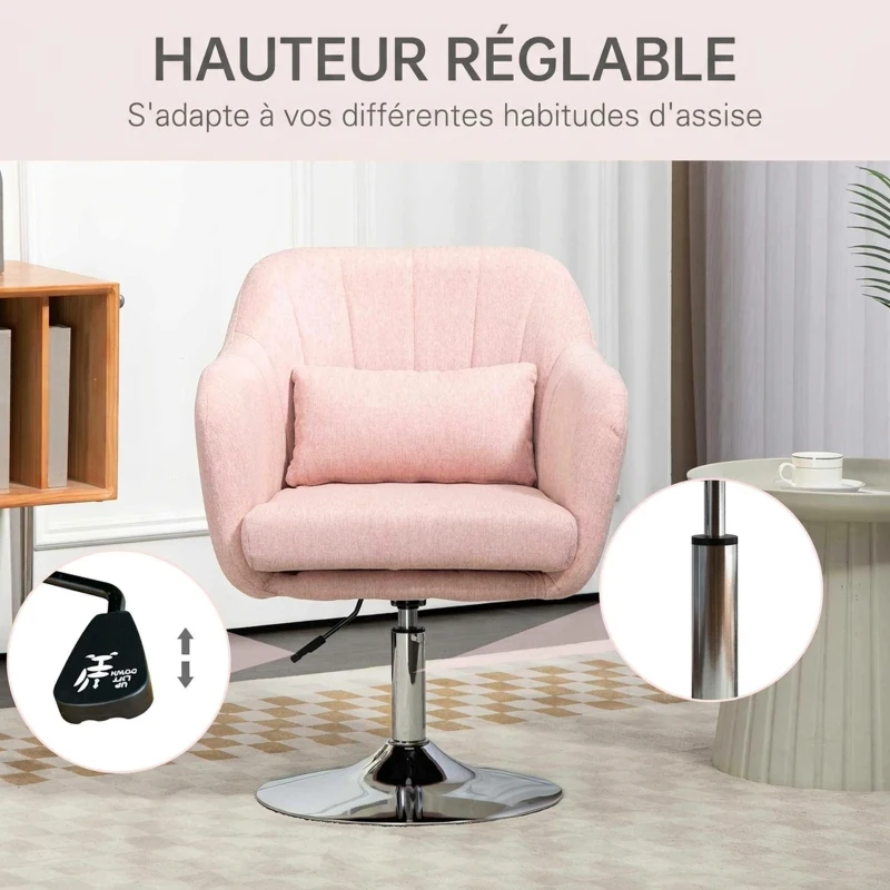 HOMCOM Fauteuil de salon coussins lombaires hauteur réglable pivotant 360° piètement en métal rose