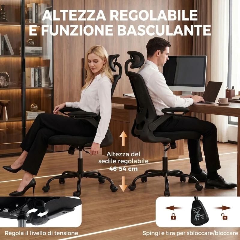 HOMCOM Sedia da Ufficio Ergonomica in Rete con Supporto Lombare, Poggiatesta e Altezza Regolabile, Dondolo, Nera