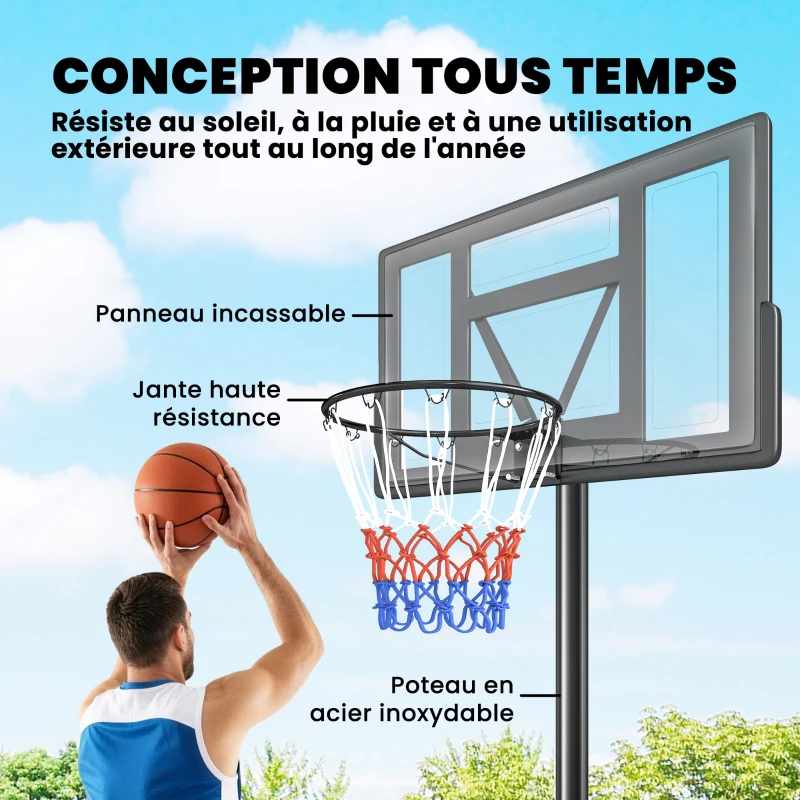 SPORTNOW Panier de Basket Extérieur Portable, Hauteur Réglable 1,35-3,05 m avec Manivelle, Base Stable, Panneau Incassable, Noir