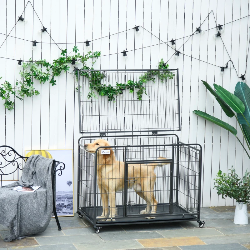 PawHut Metal Dog Cage Kennel Locking Door & Wheels Removable Tray Openable Top For Large Pets 109.5 x 71 x 78 cm