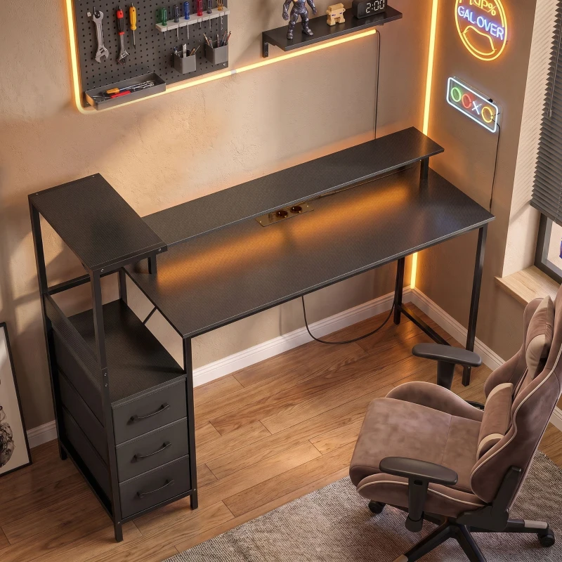 HOMCOM Bureau Gaming 147 x 47 cm, Éclairage RGB, Prises et Ports USB, Support pour Unité Centrale Réglable et Réversible, Noir