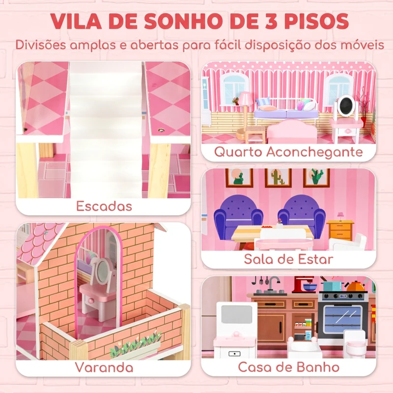 AIYAPLAY Casa de Bonecas de Madeira com 3 Andares, Varanda, Escadas e 10 Móveis, Brinquedo de Faz de Conta para Crianças 3-6 Anos, Rosa