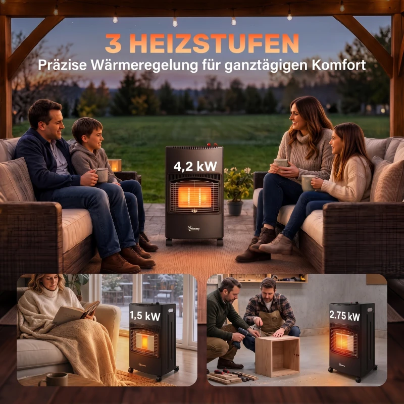 Outsunny Gas terrasverwarmer 1,5-4,2 kW inklapbaar met wielen, hoes, 3 warmtestanden en slang