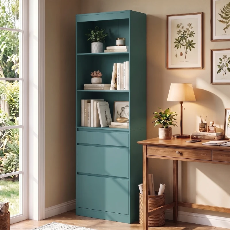 HOMCOM Bookcase with Drawers Adjustable Shelves Book Shelf for Study Living Room Light Green