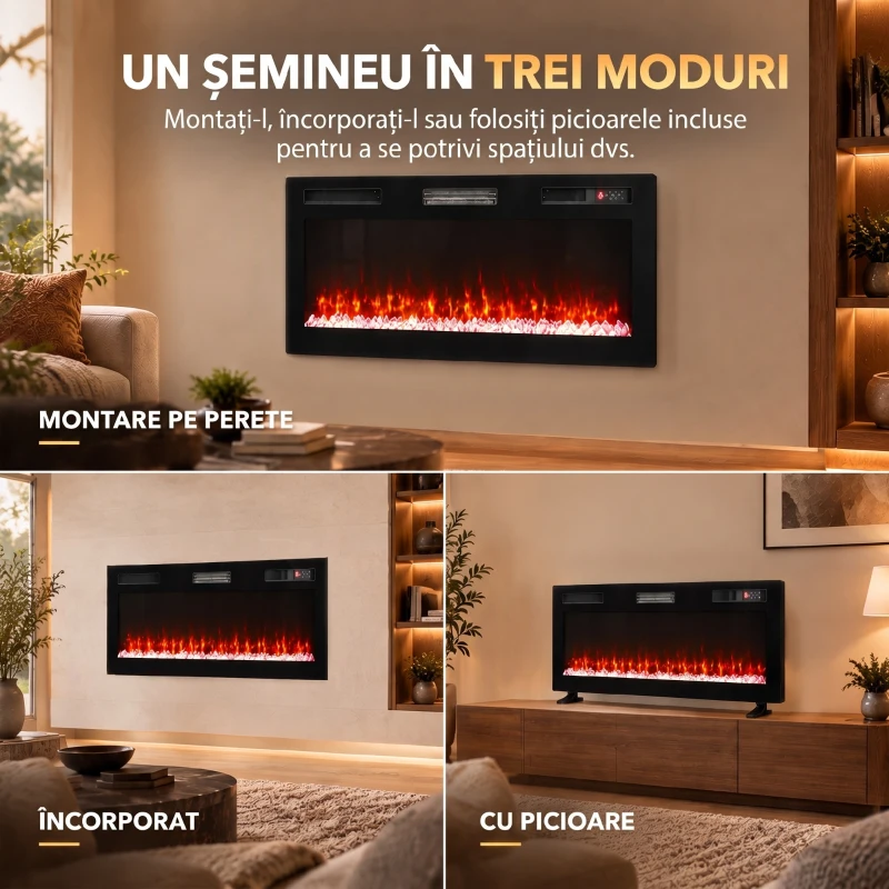 HOMCOM Șemineu electric 102 cm, încastrabil/perete/podea, 900/1800W, telecomandă, timer, negru