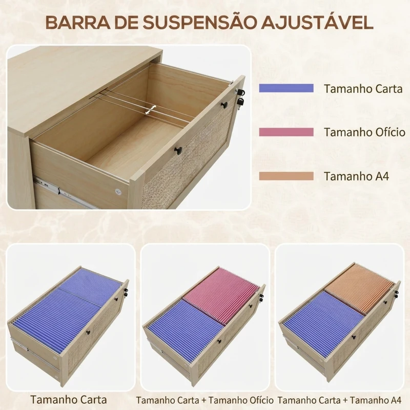 Vinsetto Armário de Arquivo Boho de 2 Gavetas em Rotim com Fechaduras e Barras para Pastas A4, Carta e Ofício 75x40x71,5 cm Carvalho