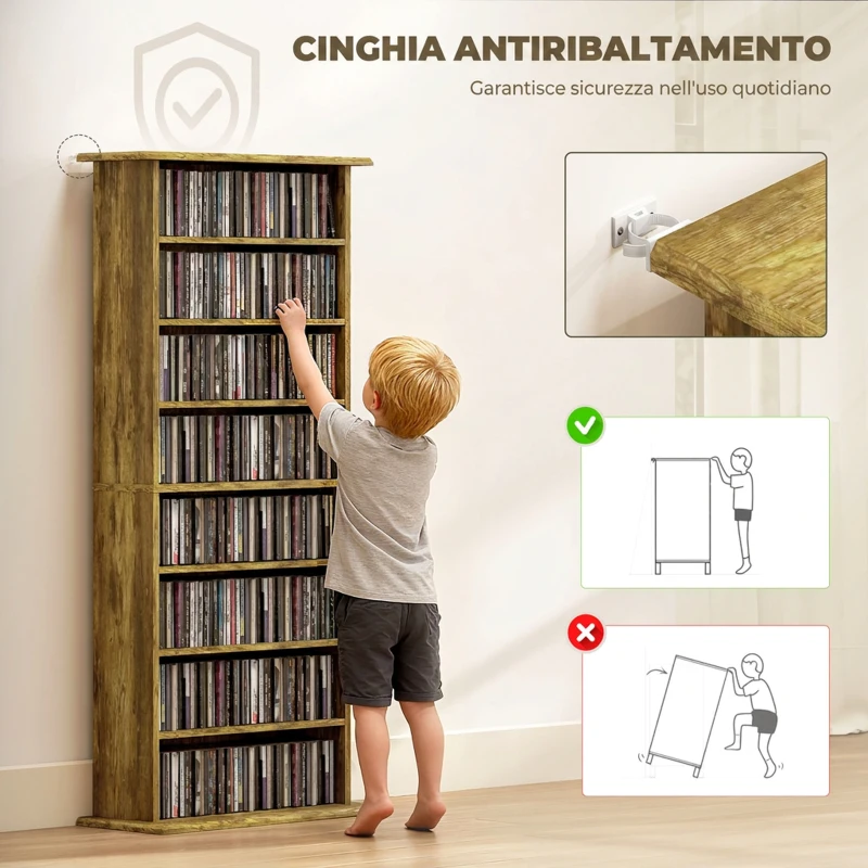 HOMCOM Scaffale Porta CD con 6 Ripiani Regolabili, Capacità di 360 CD/185 DVD, 58x24x124.5 cm, Marrone Rustico