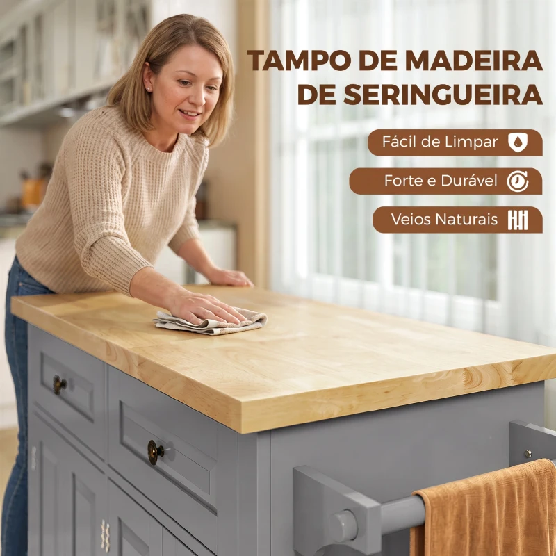HOMCOM Ilha de Cozinha com Rodas, Carrinho com Tampo em Madeira de Seringueira, 2 Gavetas e Prateleiras Ajustáveis, Cinzento