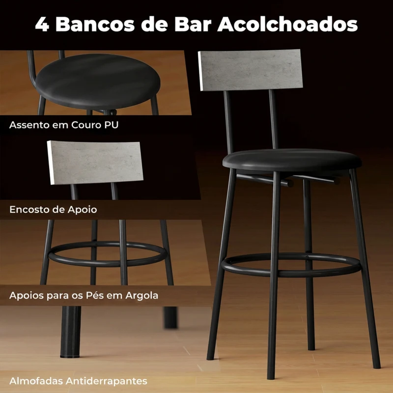 HOMCOM Conjunto de Mesa Alta de Bar com 4 Bancos, Assentos em PU, Encosto e Apoio para os Pés, Cinzento-claro