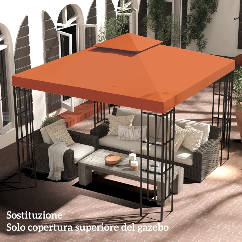 Outsunny Copertura per Gazebo 3x3 m a 2 Livelli in Poliestere Resistente con 8 Fori di Drenaggio, Rosso Ruggine
