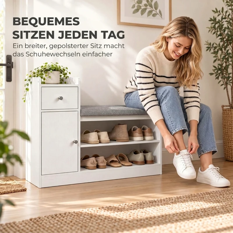 HOMCOM Schoenenbank met zitkussen, lade en open vakken, halbank, 90 x 29,8 x 67,8 cm, wit