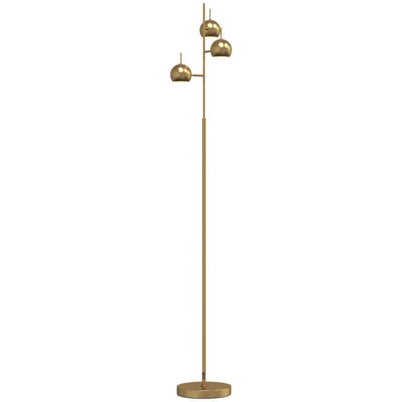 HOMCOM 350° verstelbare vloerlamp voor woonkamer en kantoor, staande lamp met 3 stalen kappen, goudkleurig