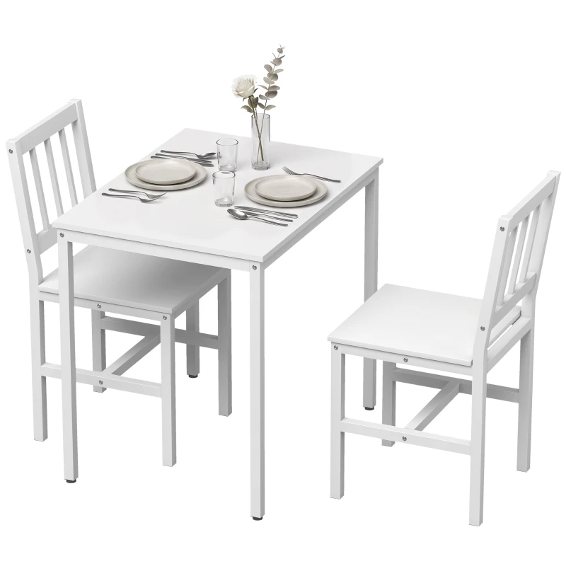 HOMCOM Ensemble Table Salle à Manger avec 2 Chaises, Table de Cuisine Rectangulaire 80 cm, Chaises à Dossier à Lattes, Blanc