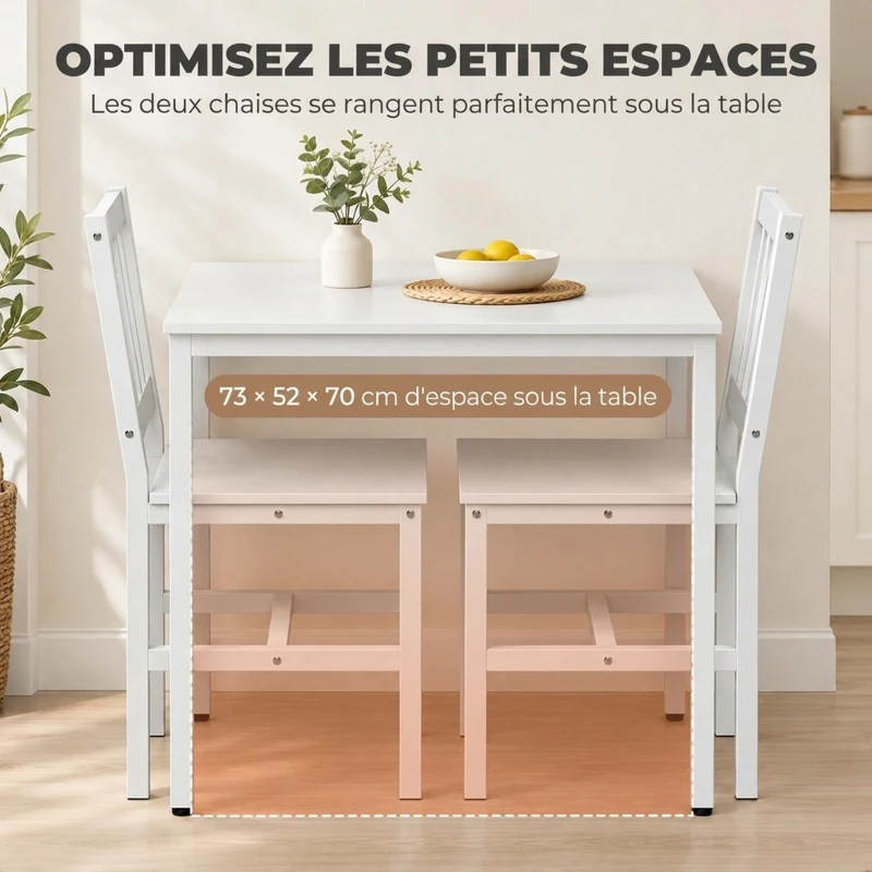 HOMCOM Ensemble Table Salle à Manger avec 2 Chaises, Table de Cuisine Rectangulaire 80 cm, Chaises à Dossier à Lattes, Blanc