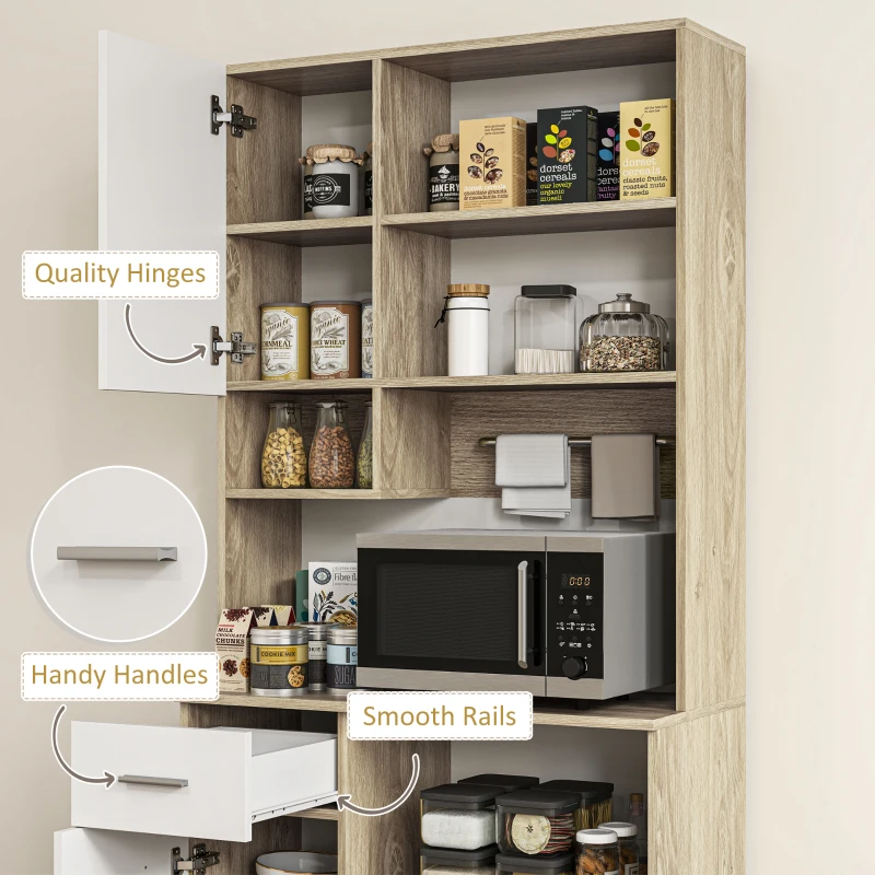 HOMCOM Armário de Cozinha Alto com 3 Portas, 9 Prateleiras, Gaveta e Prateleiras Ajustáveis, Estilo Moderno, 80x35x180 cm, Branco e Carvalho