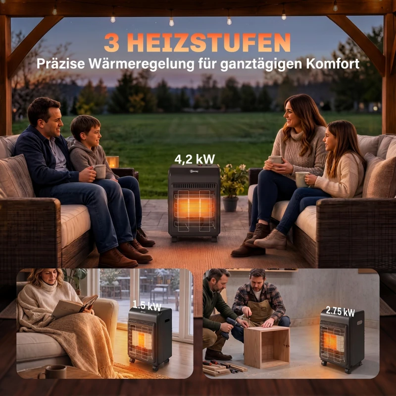 Outsunny Gasheater voor buiten 1,5-4,2 kW met wielen, 3 warmtestanden, 50 cm slang en drukregelaar