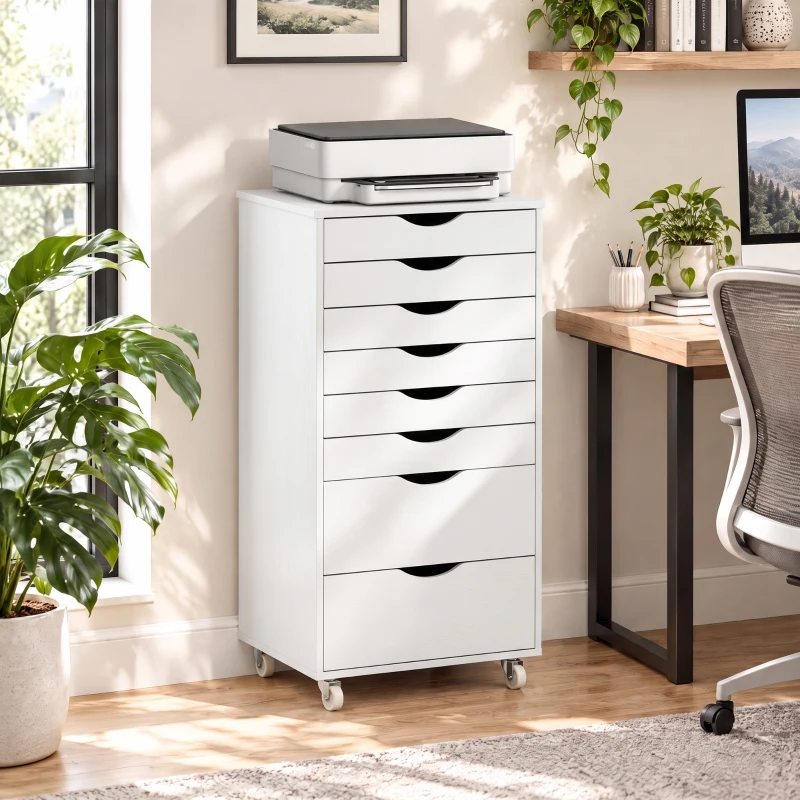 HOMCOM Bloco de Gavetas com 8 Gavetas e Rodas, Gaveteiro de Escritório, Suporte para Impressora, Branco
