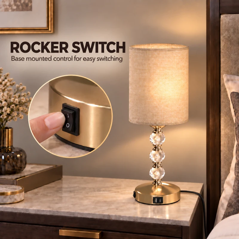 HOMCOM Bedside Lamp, Modern Crystal Decoration Table Lamp with PVC shade, USB A+C Charging Ports, Bulb Not Included, Gold Tone