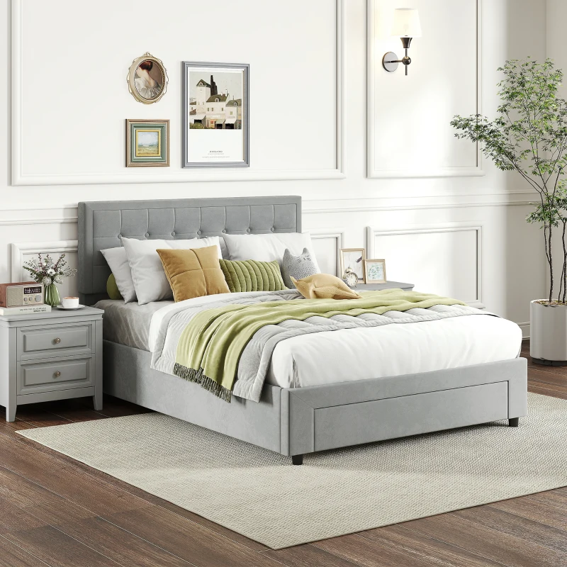 HOMCOM Double Size Ottoman Bed Frame 140W x 193.5D x 95Hcm with Front Drawer - Grey