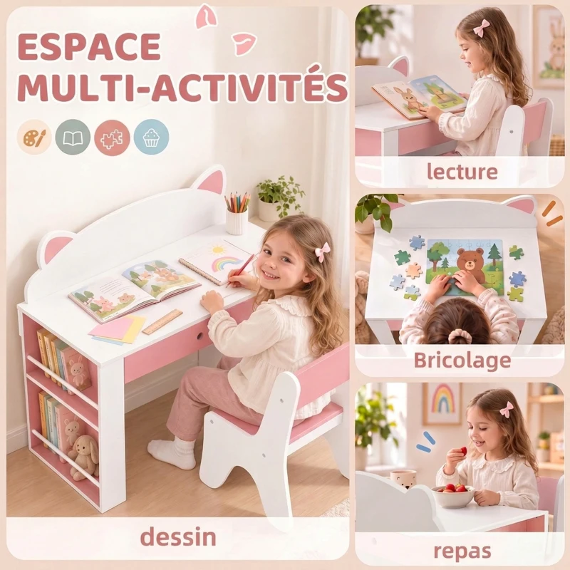 AIYAPLAY Bureau et Chaise pour Enfant 2 Pièces, Ensemble Table d'Activité, Tiroir, Bibliothèque pour Dessin, Lecture, Blanc Rose
