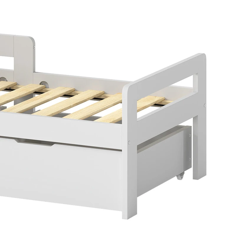 AIYAPLAY Wooden Kids Bed Frame with 2 Storage Drawers and Guard Rails for Ages 4-14, 144 x 76 x 57 cm (No Mattress), Grey