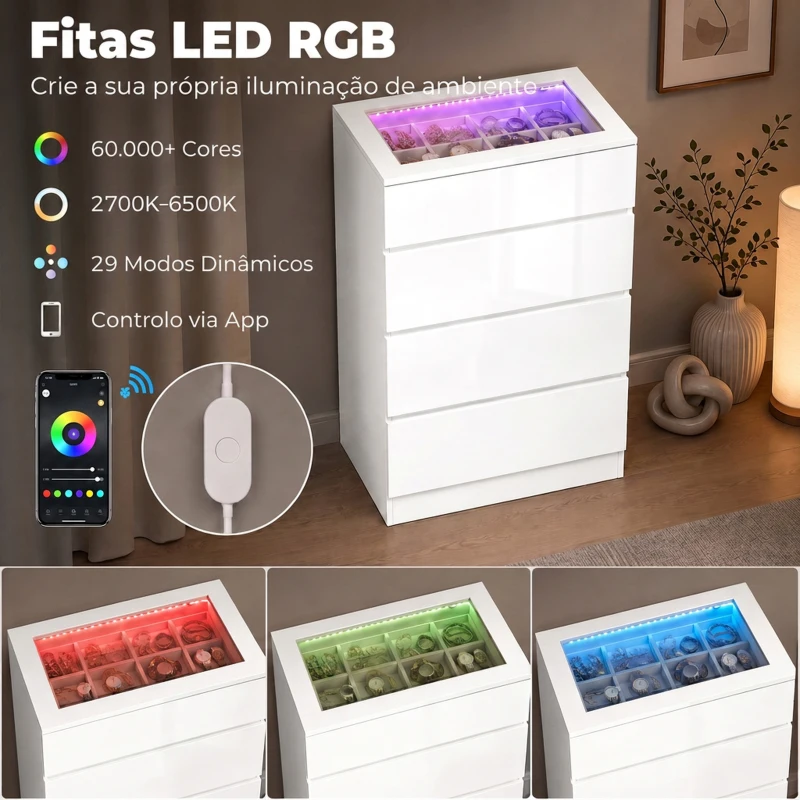 HOMCOM Cómoda de Alto Brilho com 4 Gavetas, Tampo em Vidro Temperado, LED RGB, Organizador de Joias e Controlo por App