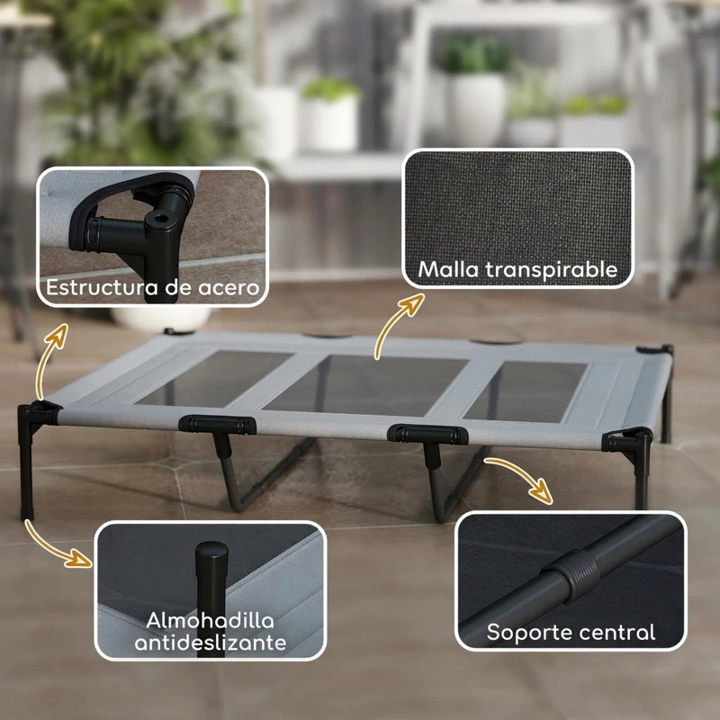 PawHut Cama Elevada para Perros Grandes Cama para Perros con Zona de Malla Transpirable y Bolsa 122x92x23 cm Gris Claro