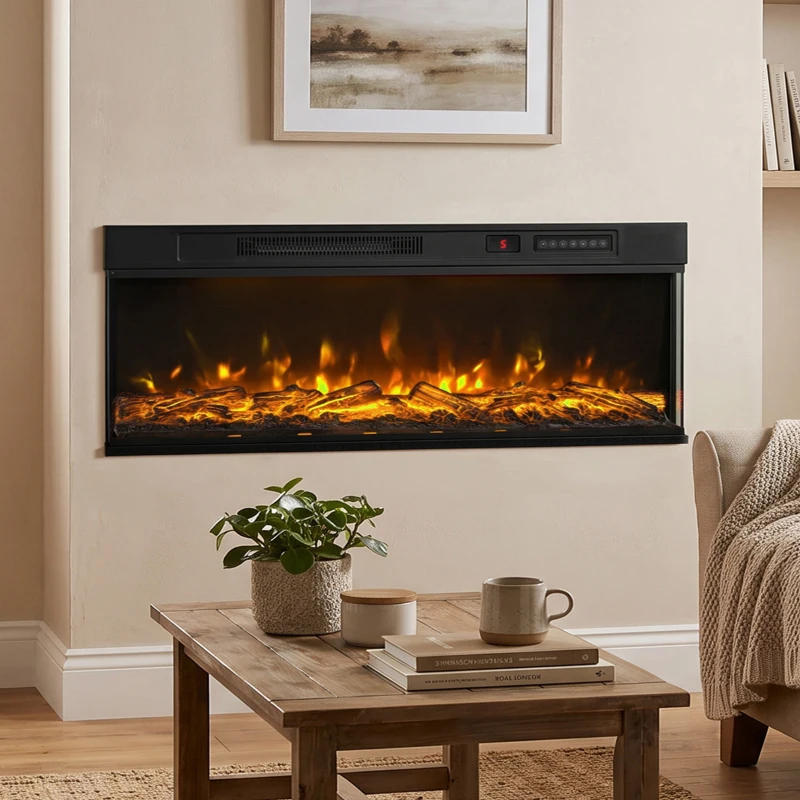 HOMCOM 50" Electric Fireplace Insert, 3-Sided Freestanding/Wall Recessed Electric Fire Heater with Adjustable Flame, 1800W